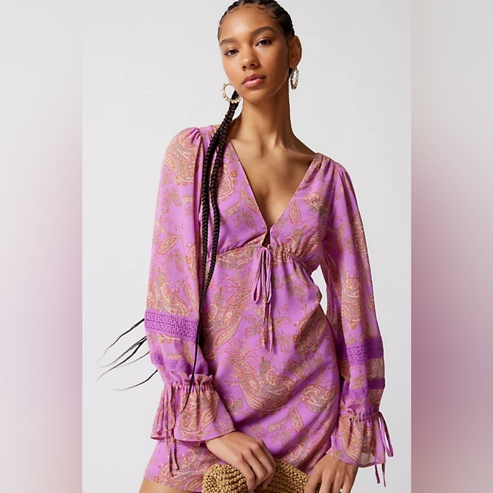 Urban Outfitters Boho Purple Paisley Long Sleeve Mini Dress Size Small